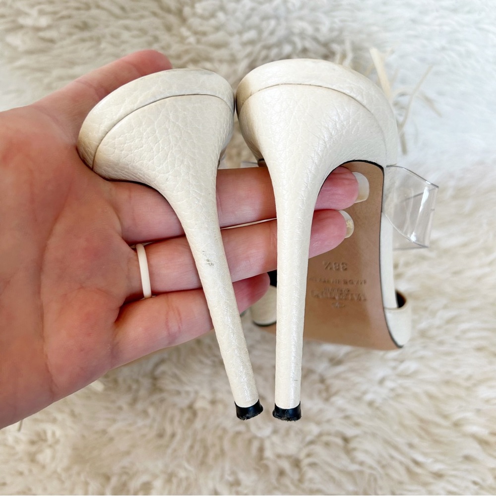 Valentino C-Rockee White Leather Illusion Fringe Ankle Wrap Heels Size EU 38.5 - Picture 11 of 15
